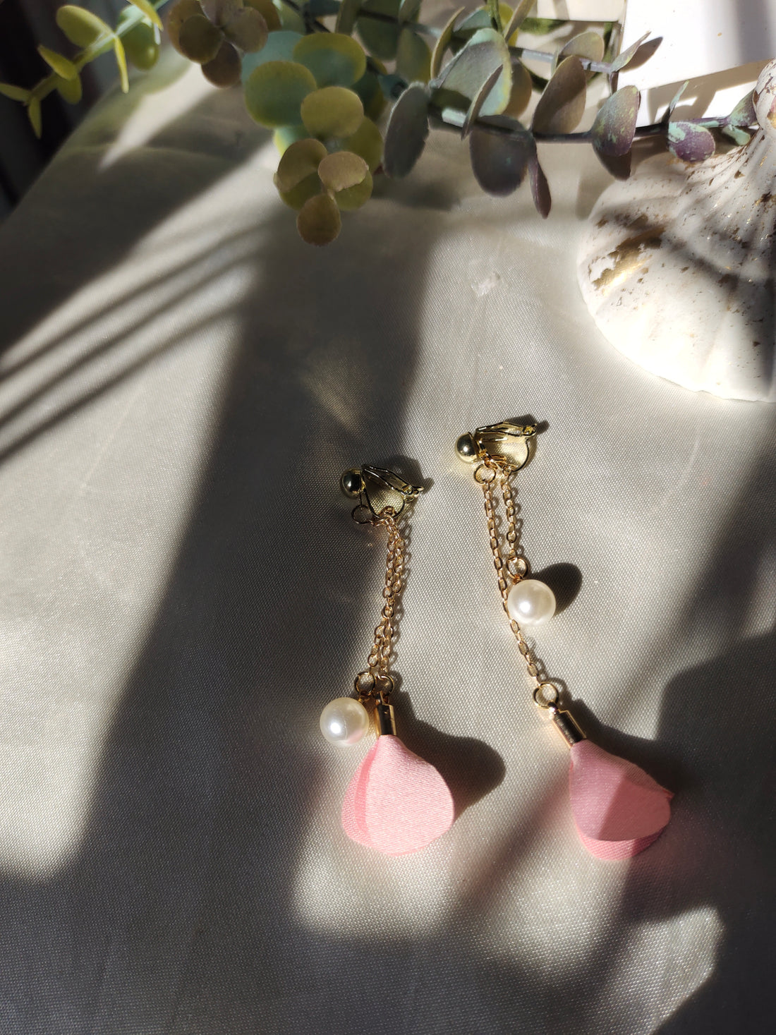 Gold and baby pink long earrings